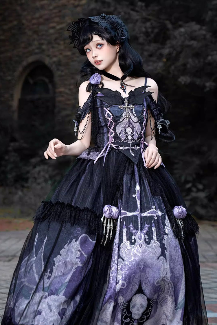 Black/Blue [Skull Magic] Print Ruffle Bowknot Gothic Elegant Lolita Skirt Two-Piece Set