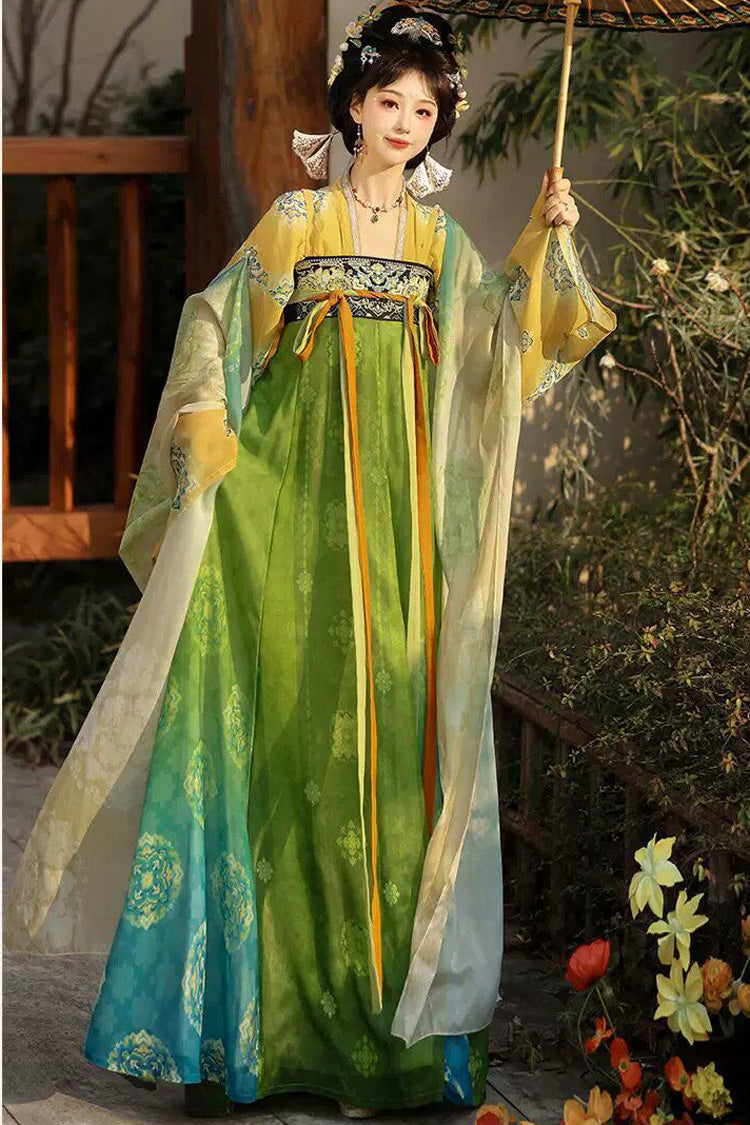 Gelb/Grün [Tang Chun] Lange Ärmel, hohe Taille, bedruckt, bestickt, Damen, lässig, süß, klassisch, königliches Hanfu-Set