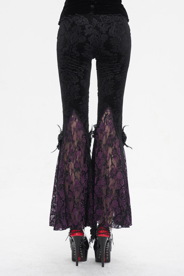 Black/Purple Printed Lace Embroidered Women's Gothic Flared Pants