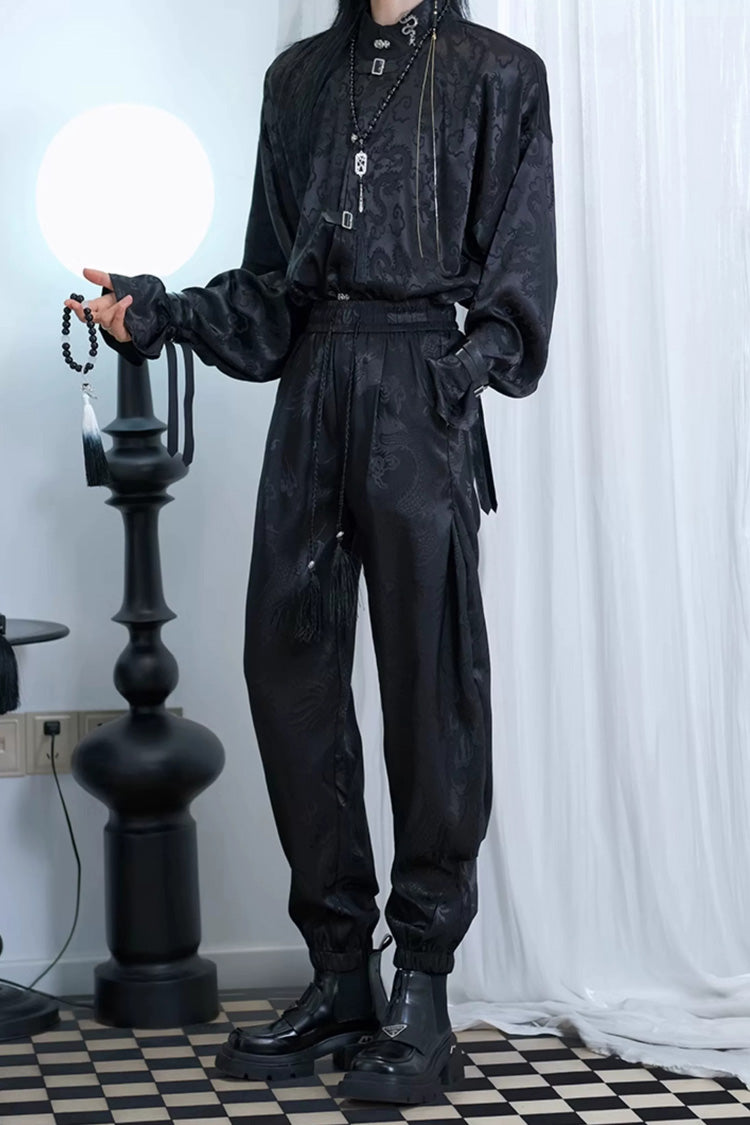 Schwarze, mit Drachenmuster bedruckte Jacquard-Ouji-Hose im gotischen chinesischen Stil, hübsche Lolita-Quastenhose