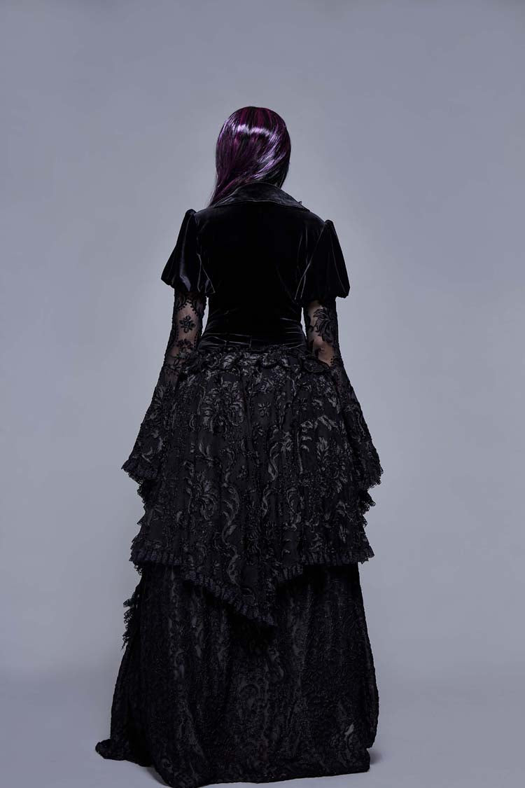 Black Metal Buckle Collar Front Chest Hollow-Out Flare Sleeve Lace Cuff Dress Hem Women's Gothic Coat