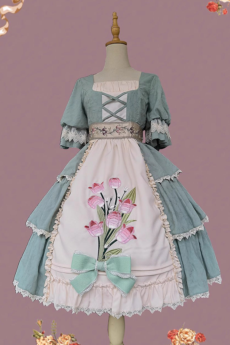 Tulip Print Embroidery Short Sleeves Multi-layer Sweet Elegant Lolita Jsk Dress 3 Colors