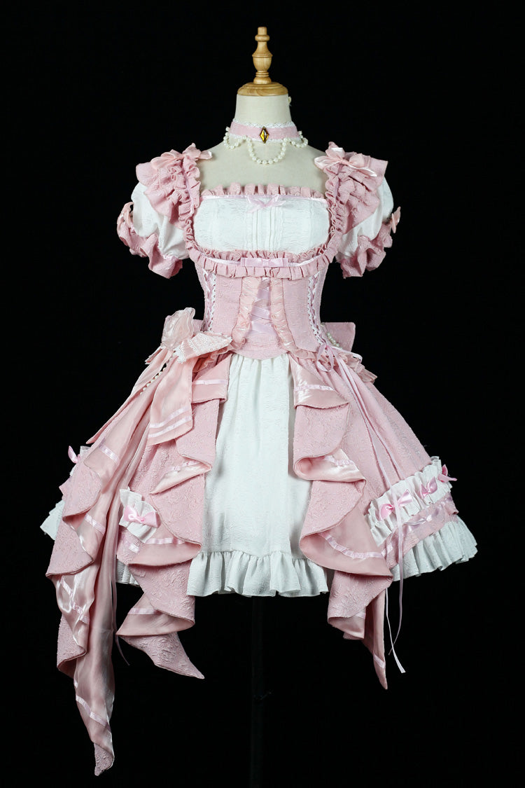 [Spring Overture] Square Collar Short Sleeves Ruffle Cardigan Bowknot Lace Sweet Elegant Lolita Skirt Set 4 Colors