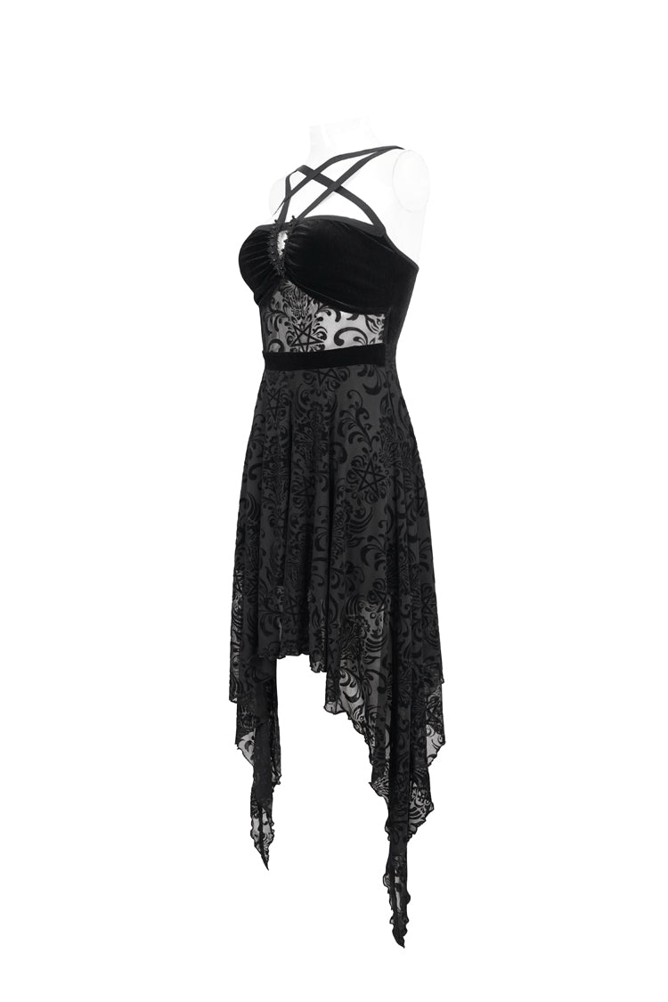 Black Stretch Pentagram Flock Print Sexy Sheer Women's Gothic Dress