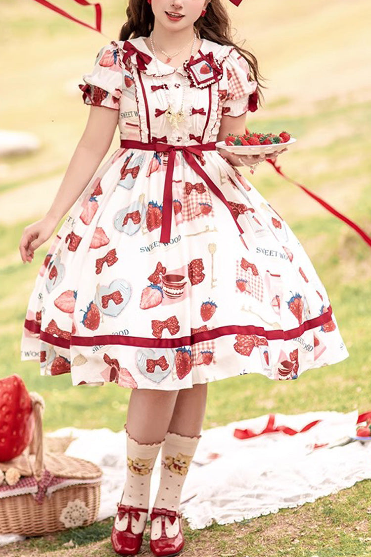 Multi-Color Strawberry Bowknot Print Short Sleeves Short Version Sweet Lolita Dress