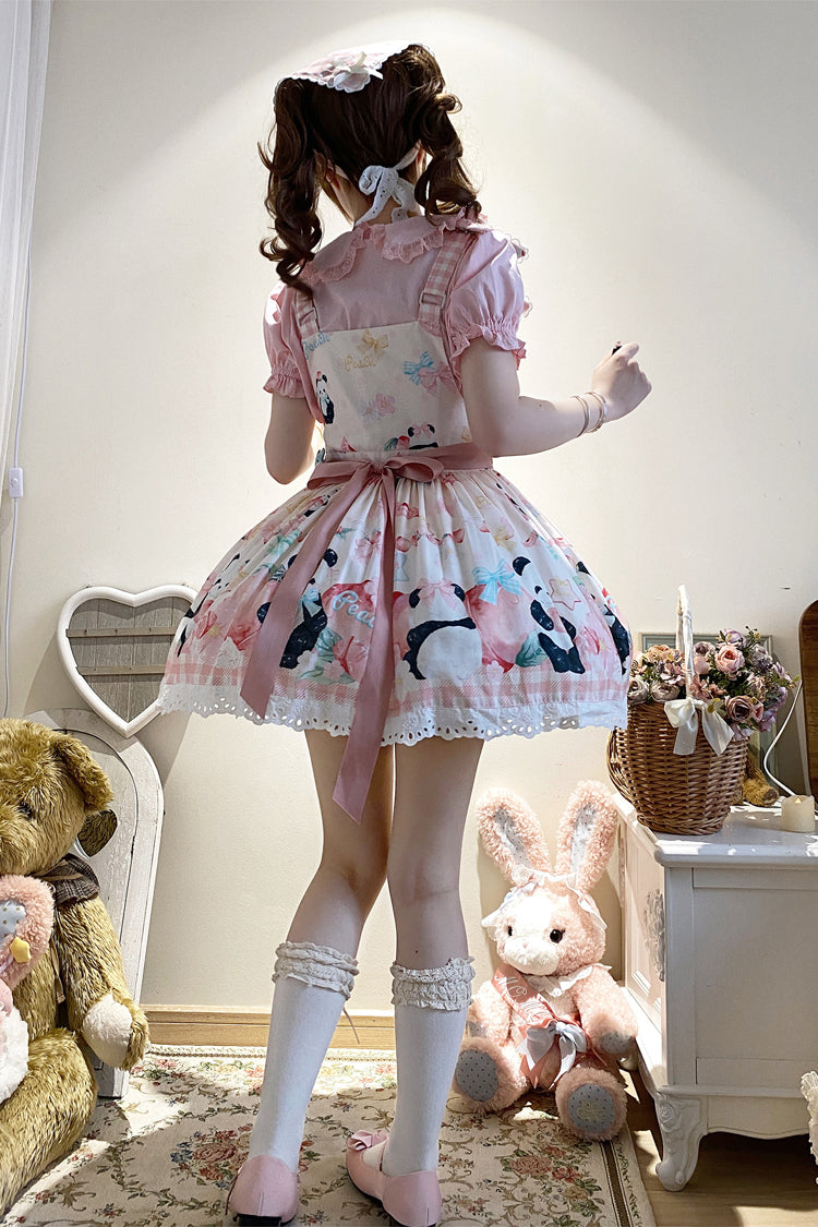 Panda Peach Print Bowknot Sweet Lolita Strap Dress 3 Colors