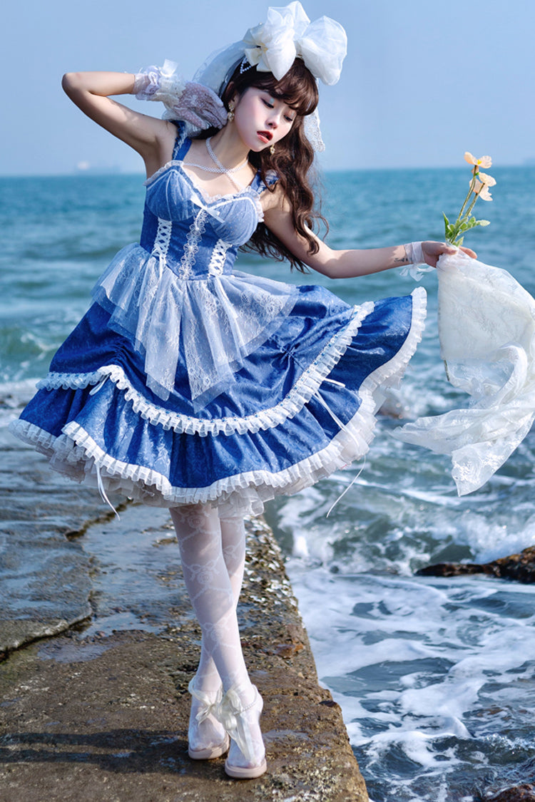 Blue Landing Drawstring Pull Up Hem Elegant Sweet Lolita Dress