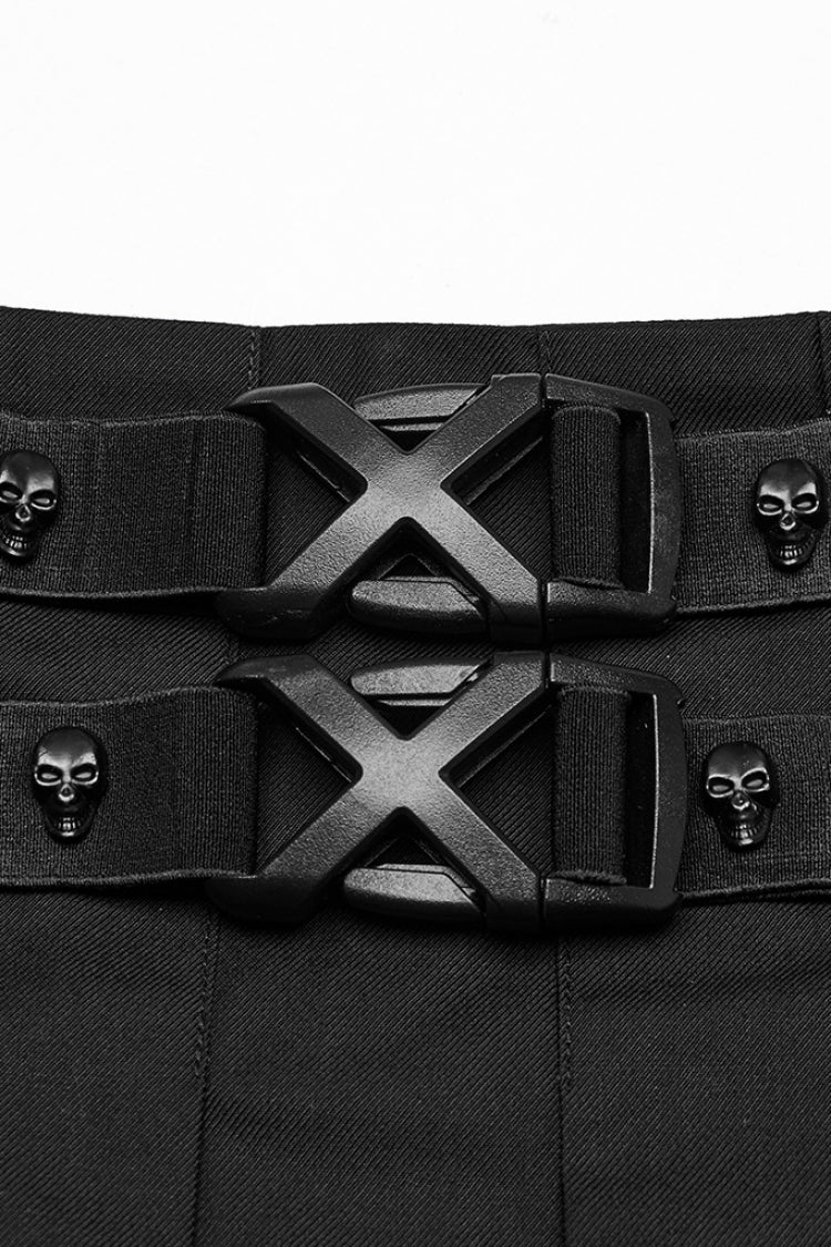 Jupe plissée punk pour femmes avec boucle à volants crâne noir 