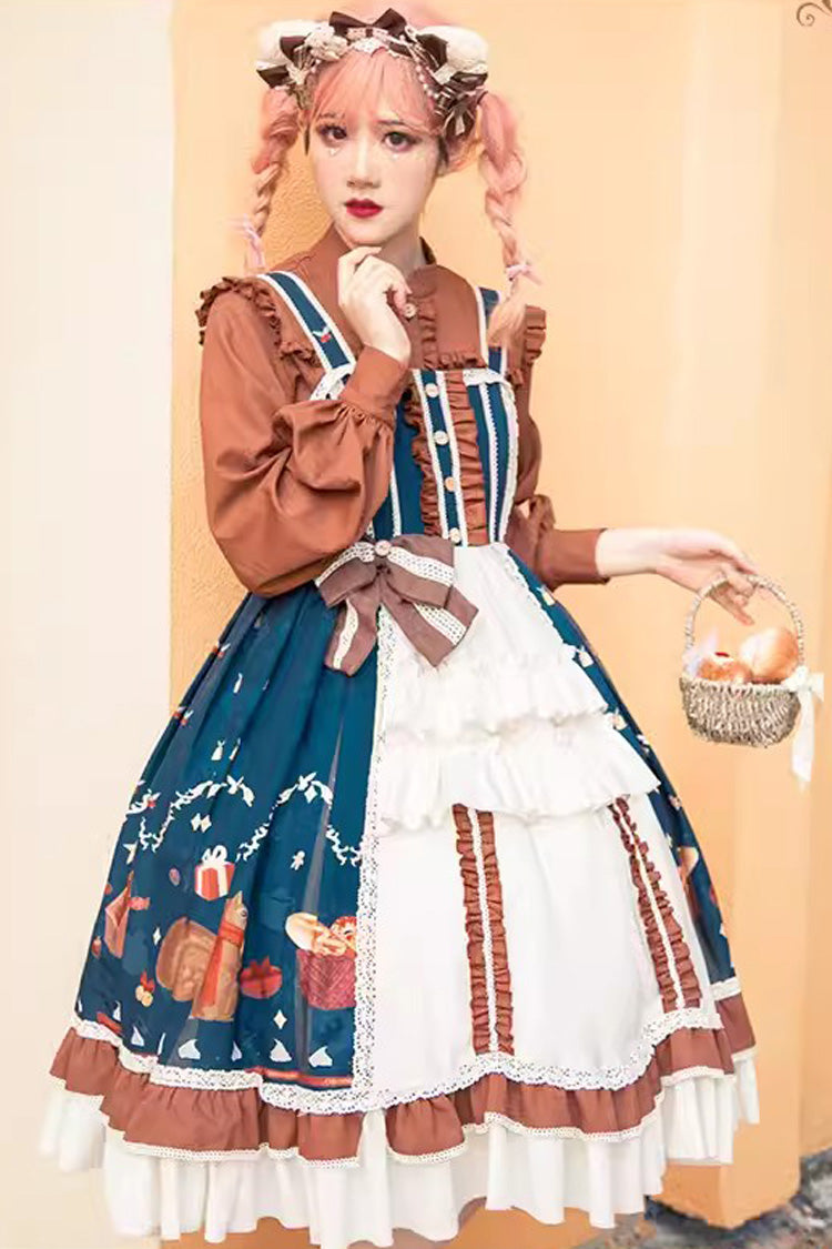 Multi-Color Christmas Far Away Print Ruffle Bowknot Sweet Princess Lolita Jsk Dress