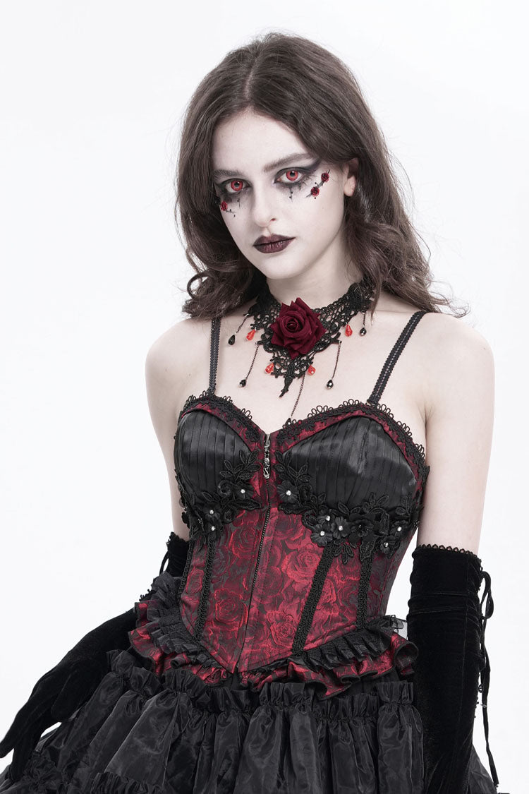 Rotes ärmelloses Rüschenstickerei-Schnürung Damen Gothic Tank Top 