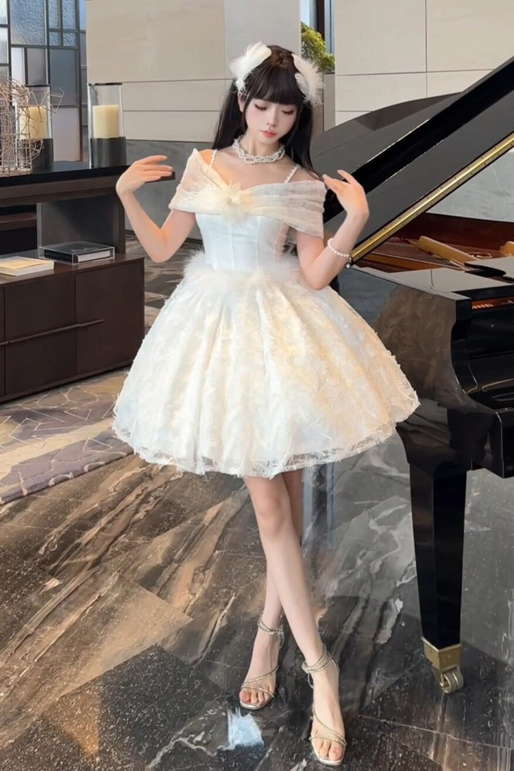 White [Moonlight] Off Shoulder Jacquard Embroidered Bow Gothic Lolita Jsk Short Dress