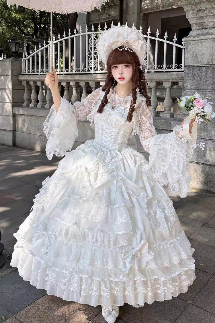 ホワイト【カーテンの頌歌】多層フリル花嫁前開きリボンレース編み上げスイートロングロリータJSKドレス