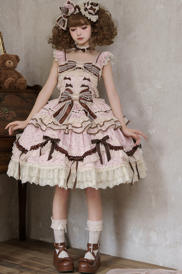 Pink [Shengqiao Tata] Sleeveless Print Ruffle Bowknot Lace-Up Sweet Elegant Lolita Jsk Dress