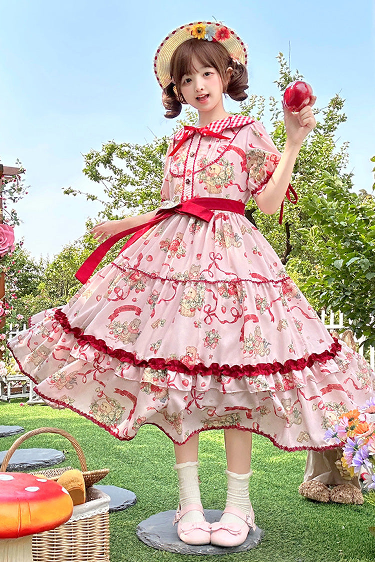 [Bear's Strawberry Garden] Lapel Collar Short Sleeves Print Bowknot Sweet Lolita Dress 4 Colors