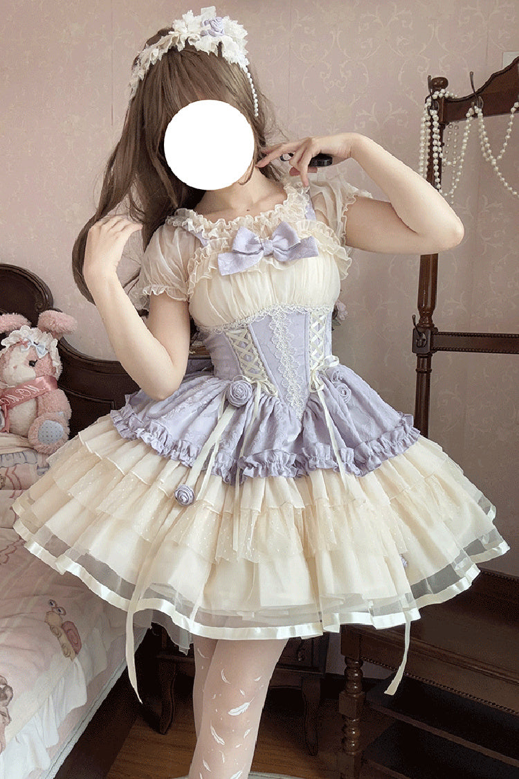 Purple/Ivory Dance of Time Triple-Layered Ballet Style Bowknot Lace-Up Sweet Lolita Jsk Dress