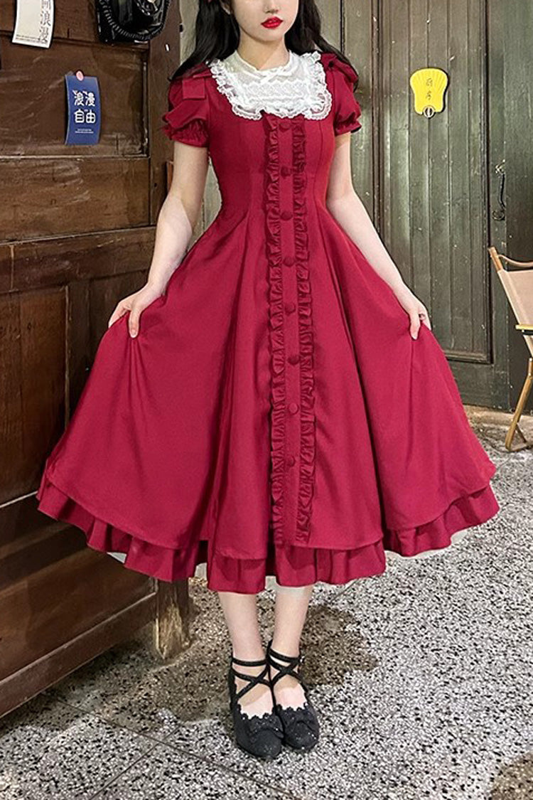 Wine Red Annie's Gift Short Sleeves Bowknot Sweet Lolita Dress (Plus Size Support)