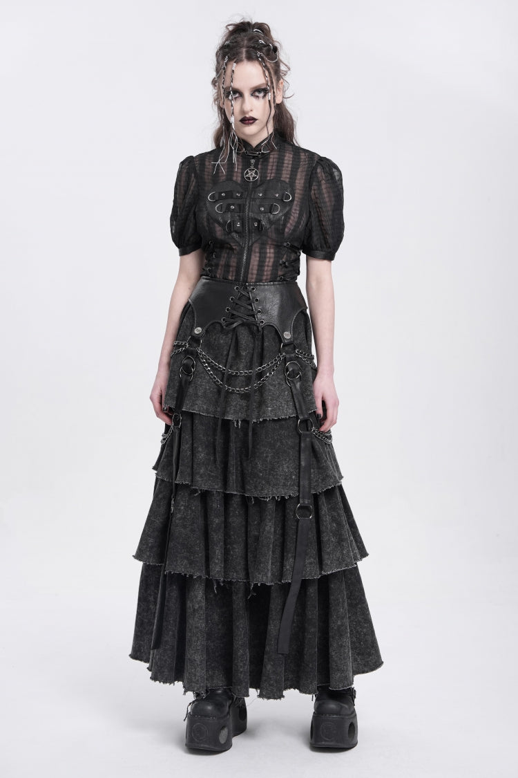 Black Multi-Layered Lace-Up Chain Women's Punk Skirt