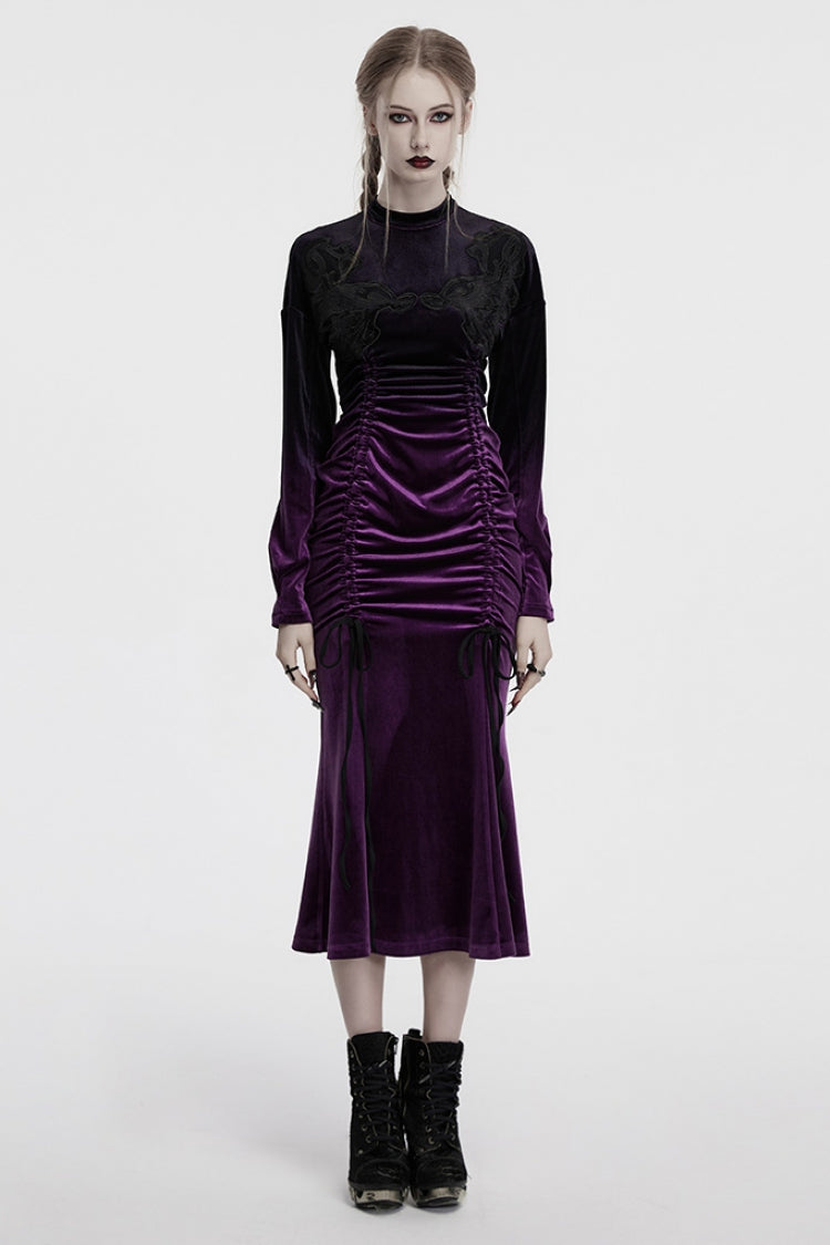 Black/Purple Drawstring Long Sleeves Gradient Women's Gothic Dress