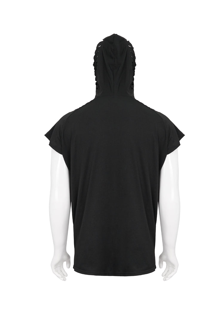 Black Skull Print Super High Neck Masked Rivet Hole Hooded Short Sleeve Men's Punk T-Shirt