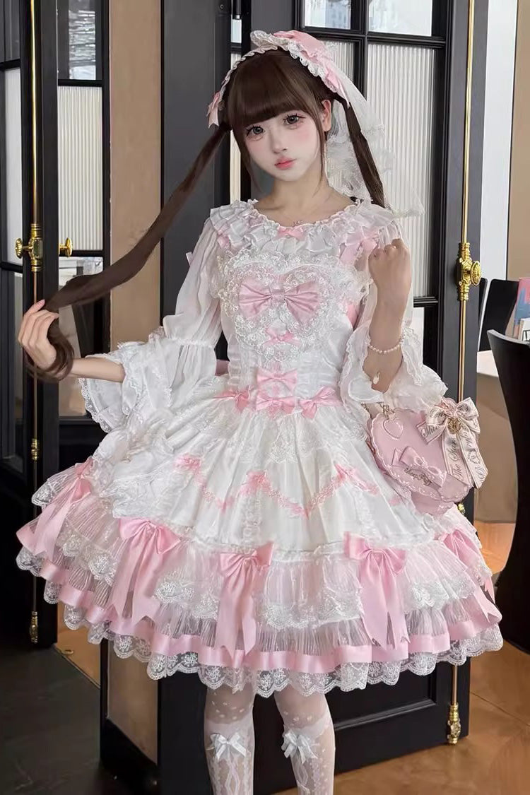 Rosa/Weiß [Scharlachrotes Herz Kakao] Ärmelloses Kleid mit dreifach geschichtetem Rüschenstickerei-Schleifen-Lace-Süß-Lolita-Jsk-Kleid 
