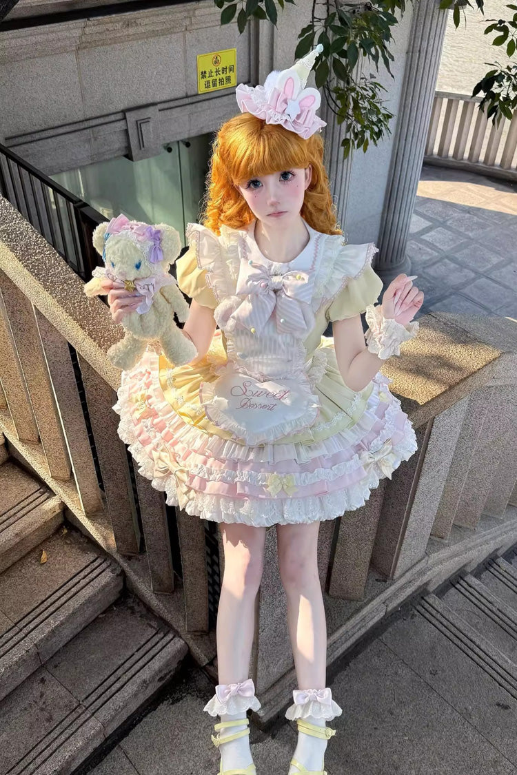 Yellow/Pink [Sweet Bunny Chef] Short Sleeves Multi-Layered Ruffle Bowknot Sweet Lolita Dress