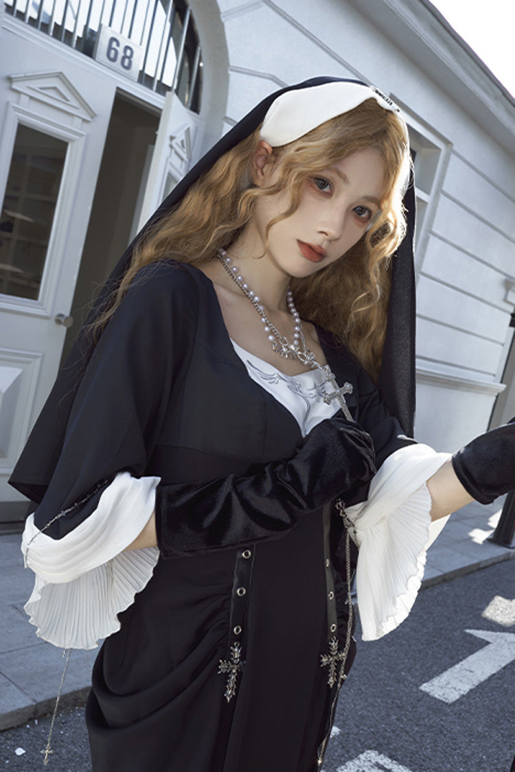 Black [Halloween Night Temple Nun] Short Sleeves Print Ruffle Gothic Elegant Lolita Dress