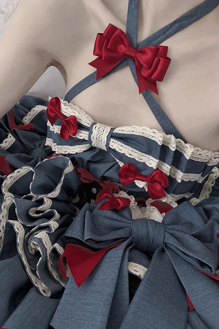 Blue [Milk Rabbit Theater] Halterneck Sleeveless Triple-Layered Ruffle Bowknot Lace-Up Sweet Lolita Jsk Dress