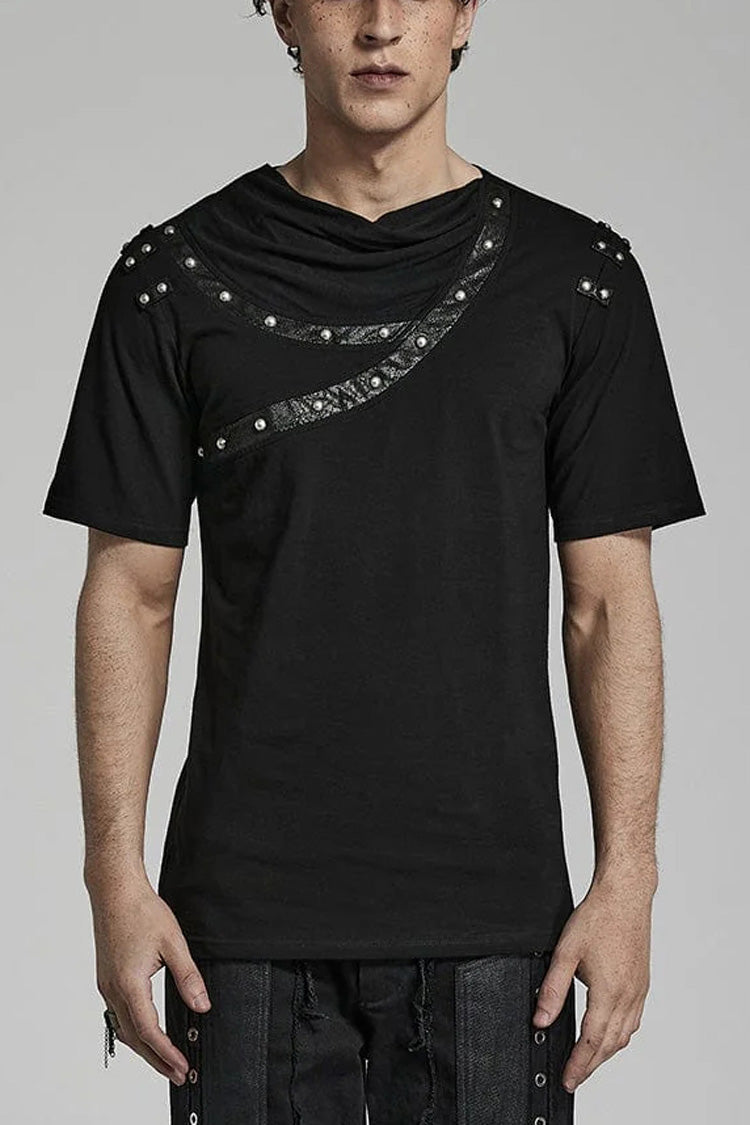 Black Short Sleeves Asymmetric Mens Daily Steampunk T-Shirt