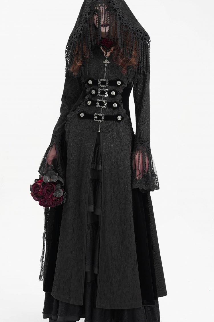 Black Buckle-up Tassels Hooded Women's Gothic Coat