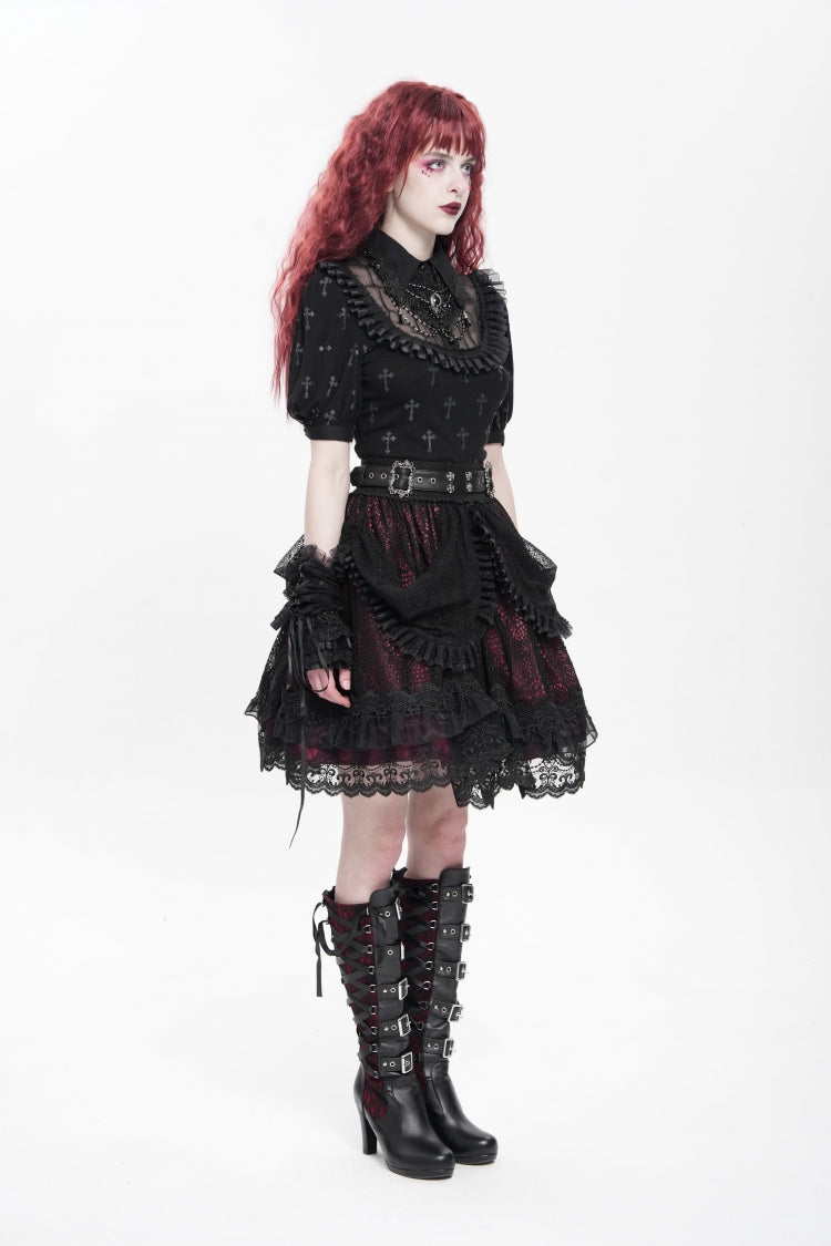 Black/Red Multi-Layered Ruffle Buckle Straps Women's Gothic Skirt