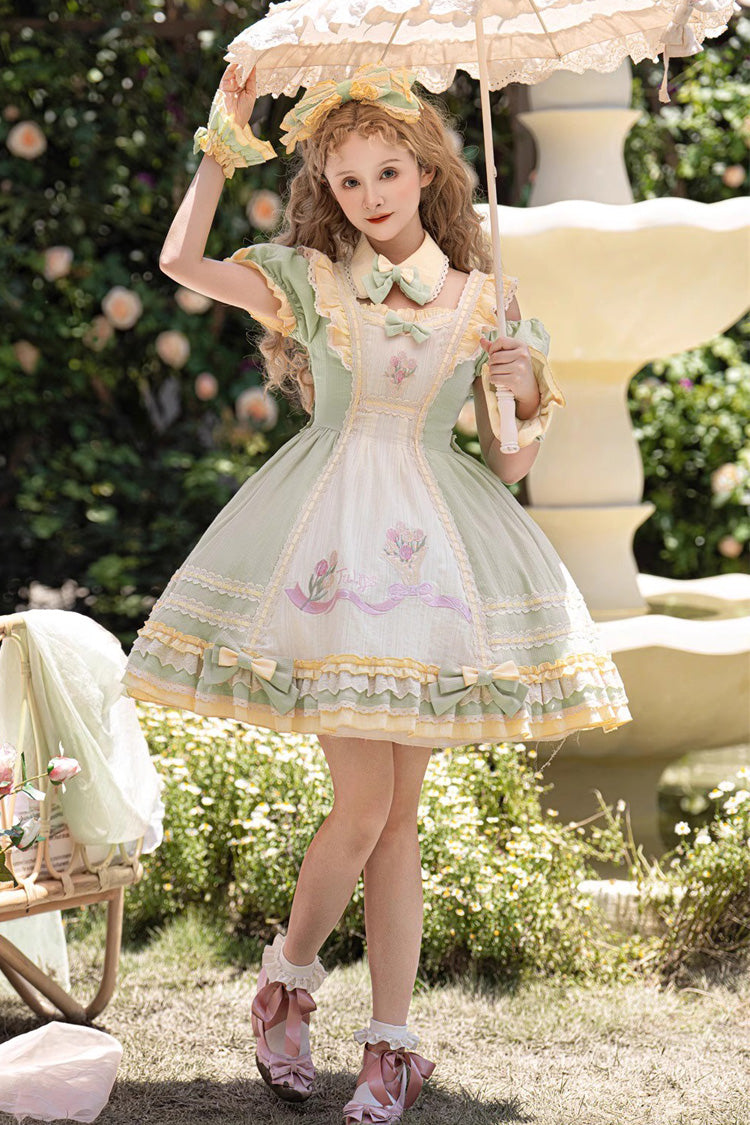 Green Short Sleeves Tulip Print Ruffle Bowknot Sweet Lolita Dress