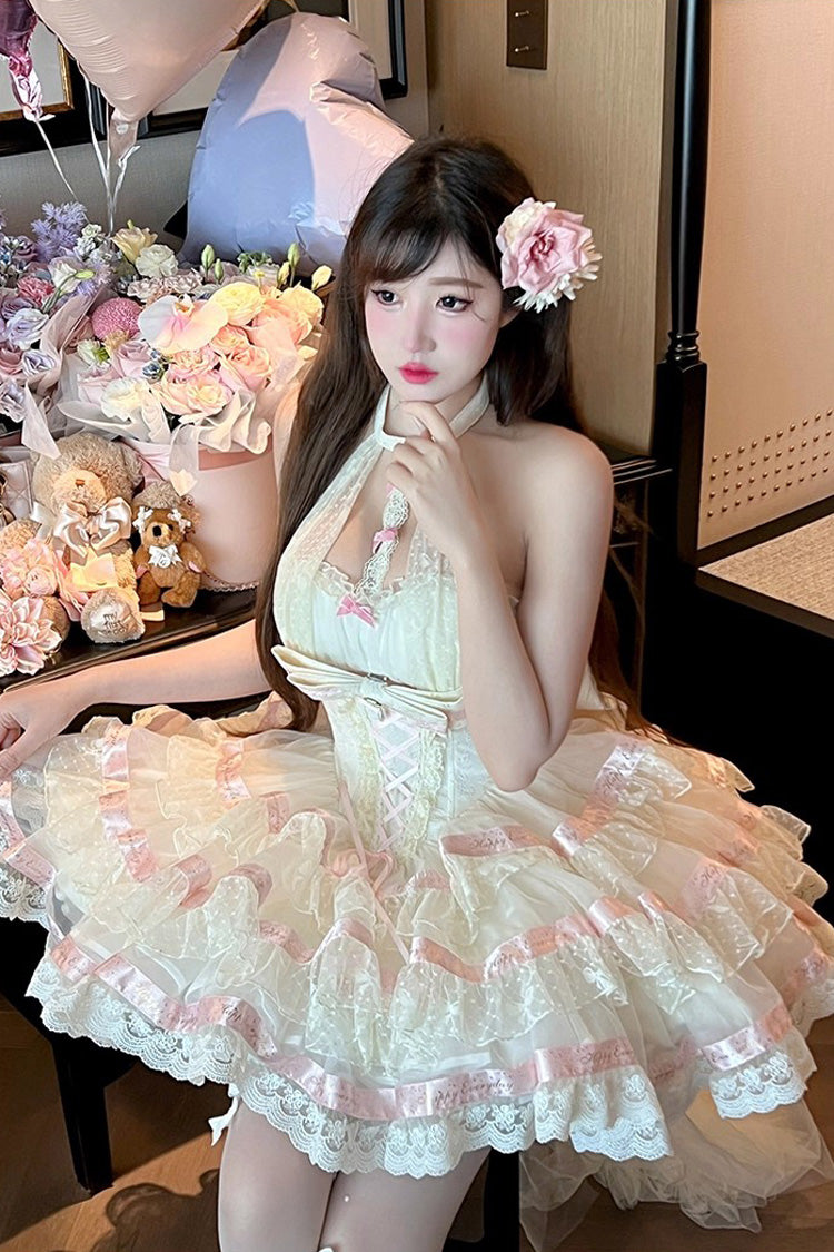 Robe Lolita Beige [Ballet Dream] à col licou avec volants à trois couches, nœud papillon et laçage, style princesse douce 