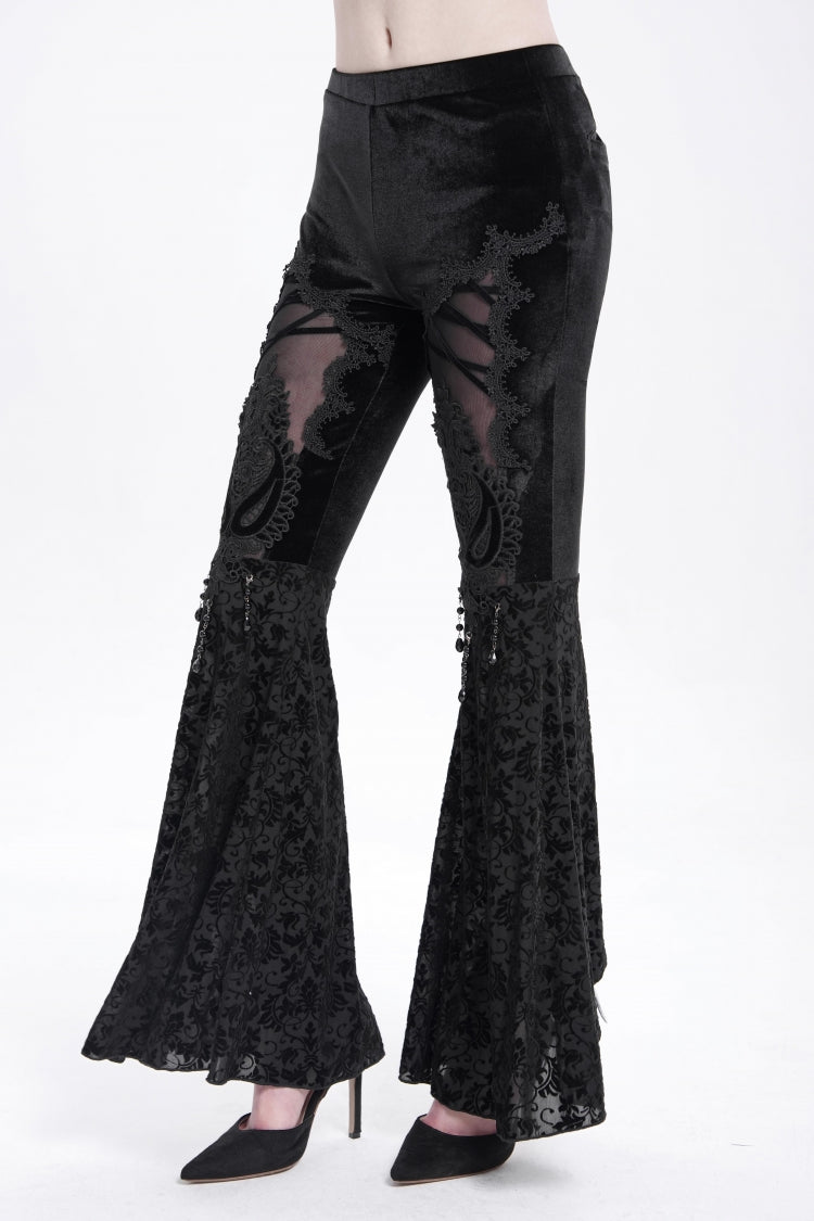 Black Hollow Floral Embroidery Women's Gothic Flared Pants