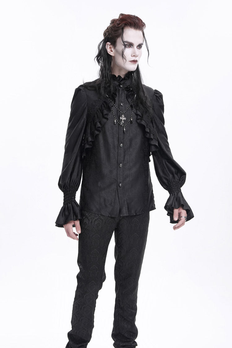 Black Stand Collar Long Sleeves Ruffle Lace Cross Men's Gothic Blouse
