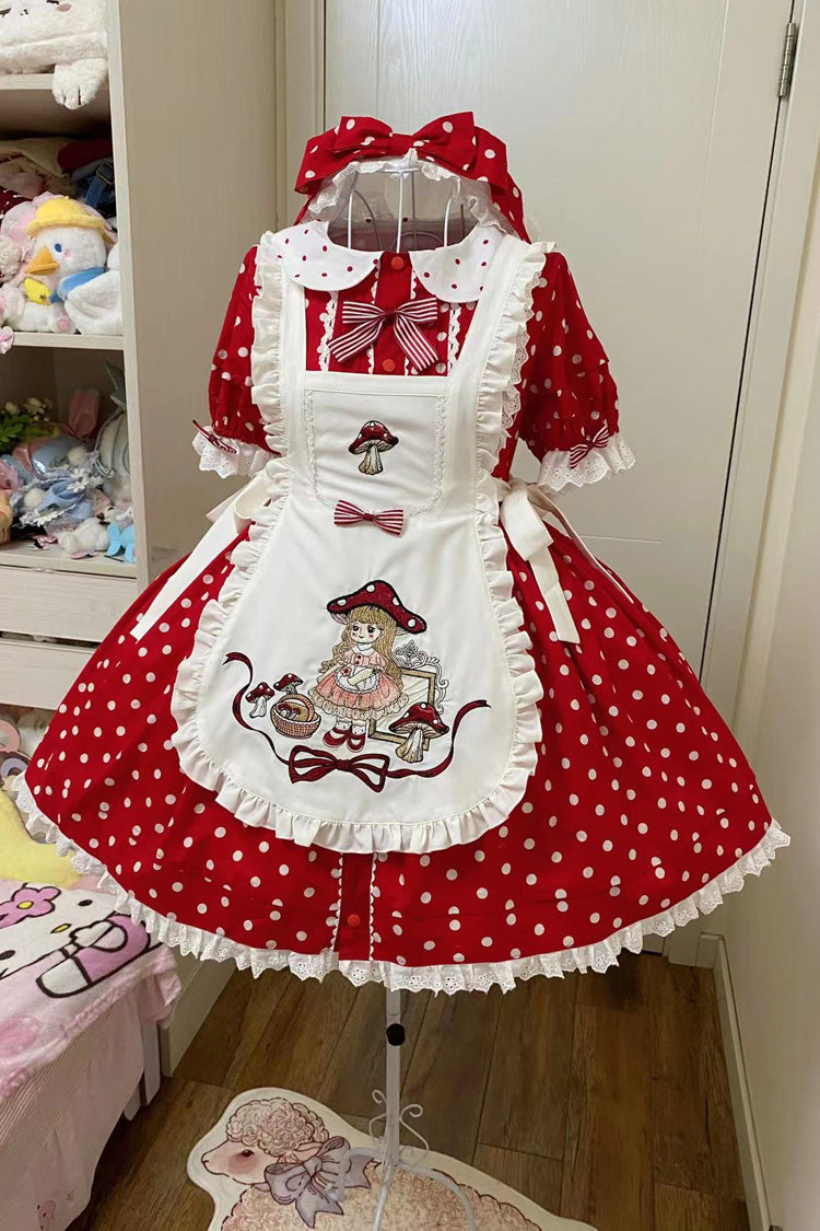 Rot/weißes Lolita-Kleid mit Puppenkragen, kurzen Ärmeln, Pilz-Prinzessinnen-Print, gepunkteten Rüschen