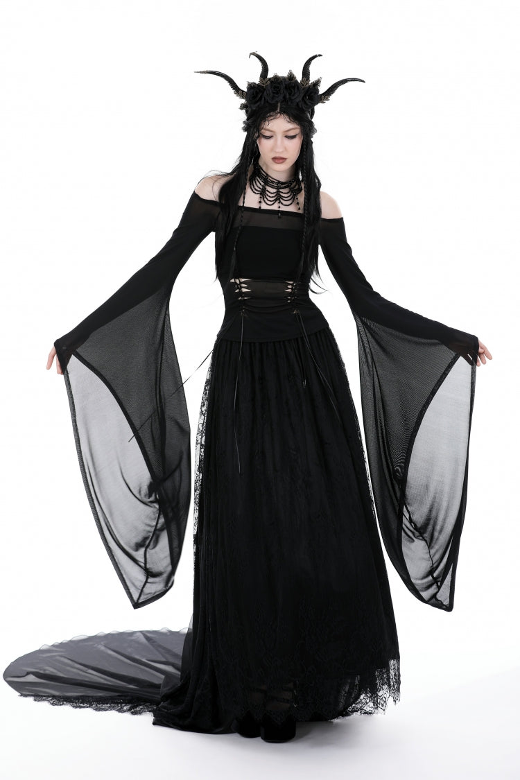 Black Off Shoulder Long Trumpet Sleeves Side Lace-Up Sheer Mesh Women's Gothic Blouse