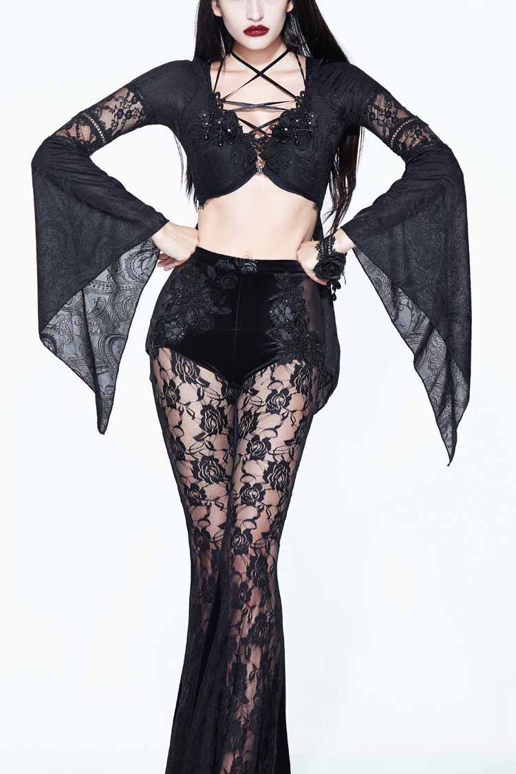 Schwarze, langärmlige Gothic-Bluse aus Netzgarn mit Spitze vorne, kurz und hinten lang für Damen