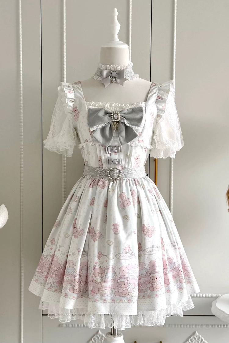 Pink/Green [Teddy Bear Party] Square Collar Short Sleeves Printed Ruffled Bow Lace Sweet Jirai Kei Japanese Dress