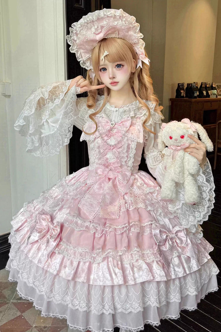 Pink [Dream-Sinking Pearl Veil] Doll-Style Sleeveless Multi-Layered Ruffled Bow Lace Daily Sweet Lolita Dress