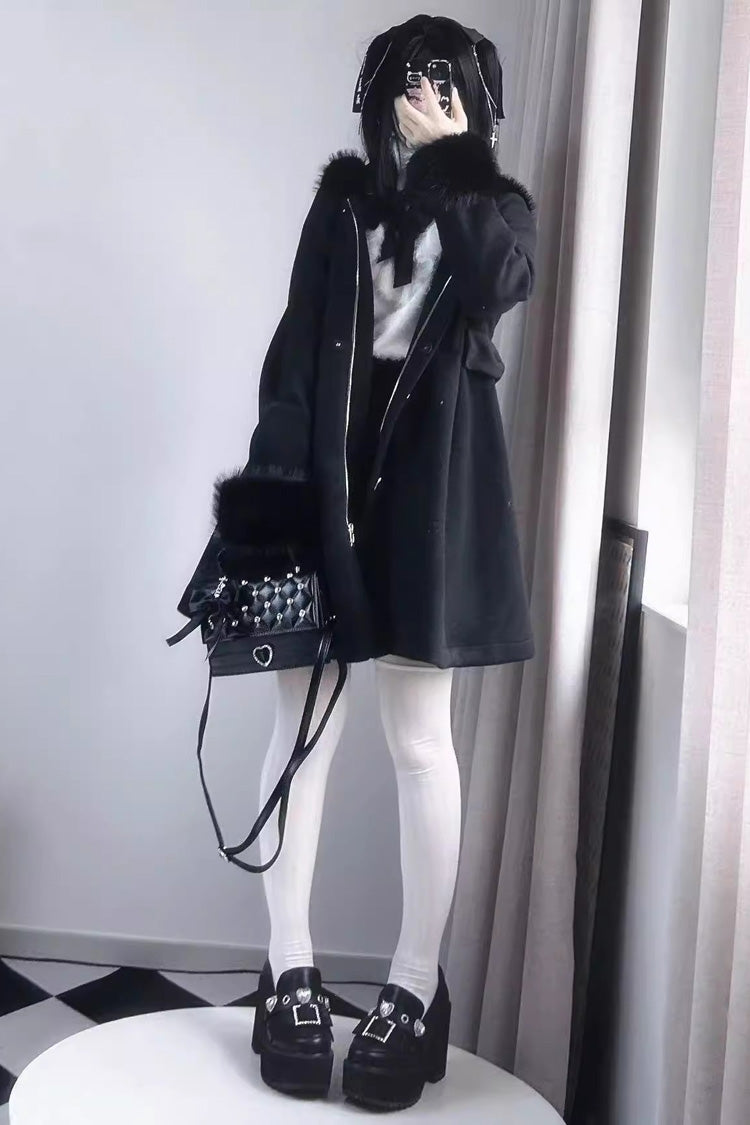 Plush Lop Rabbit Long Sleeves Hooded Detachable Sweet Jirai Kei Lolita Coat 2 Colors