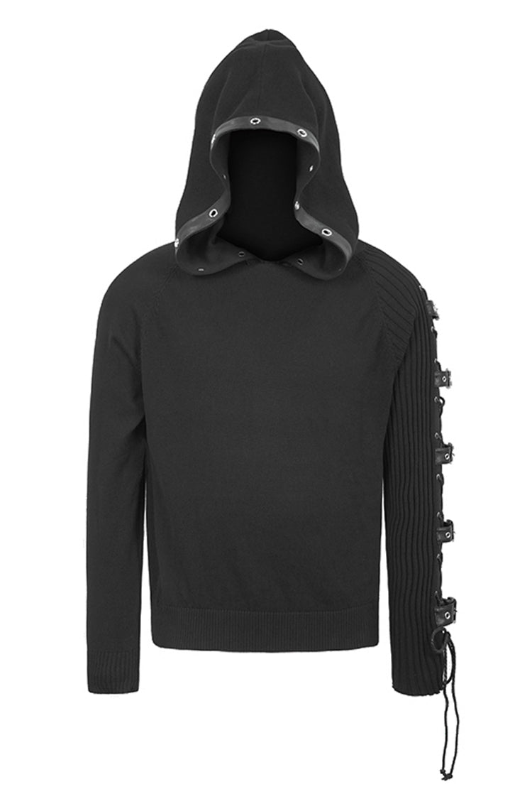 Black Asymmetrical Sleeves Leather Loop Lace-Up Hooded Men's Punk Sweater