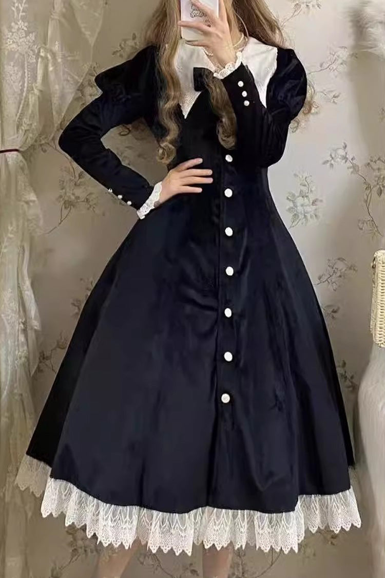 Vintage Lapel Collar Long Sleeves Ruffle Bowknot Elegant Lolita Dress 3 Colors