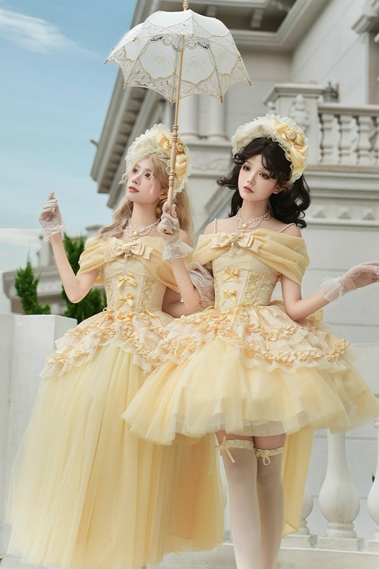 Yellow [Sissi's Pilgrimage] Off Shoulder Ruffle Bowknot Lace Sweet Lolita Skirt (Short Version)