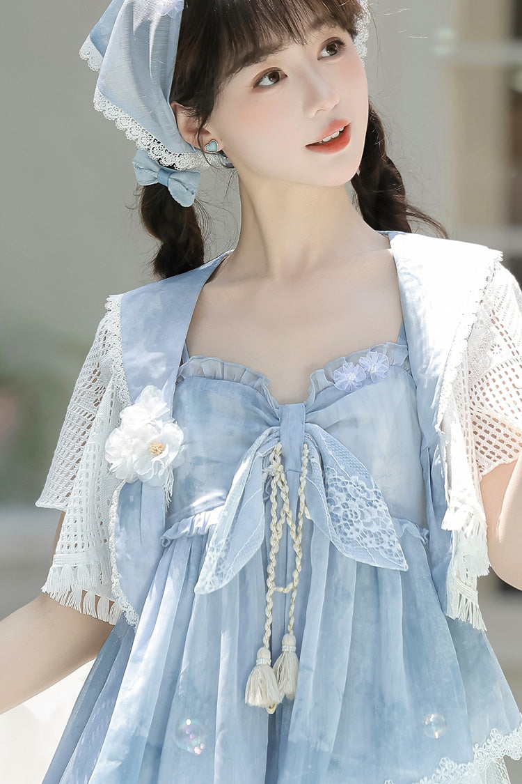 Blue [Clouds Resting in the Wilderness] Print Ruffle Embroidery Bowknot Lace Irregular Lolita Jsk Dress