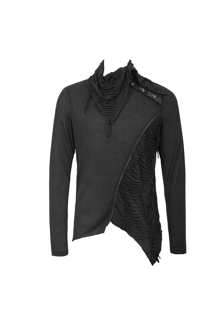 Black Ragged Turn-Down Collar Woolen Long Sleeve Irregular Hem Men's Punk T-Shirt