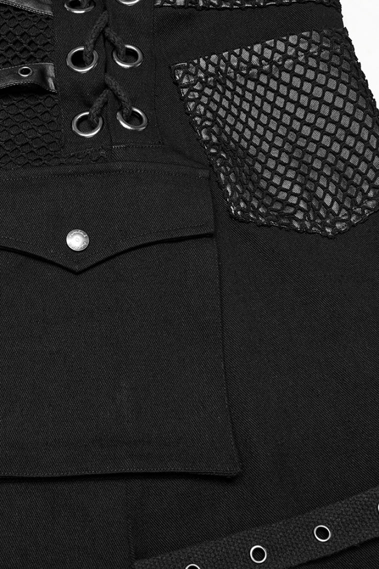 Black Faux Leather Stitching Lace-Up Irregular Mesh Men's Gothic Kilt