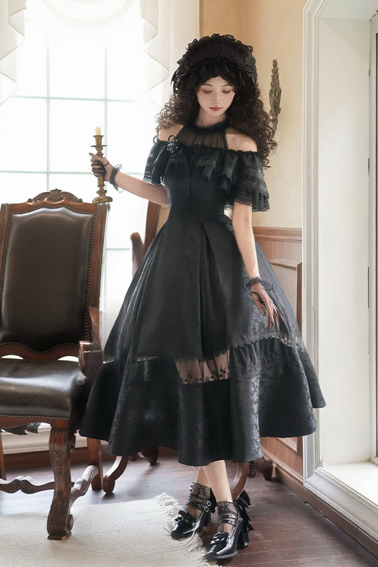 White [Flowers in the Mist] Off Shoulder Halterneck Print Ruffle Gothic Elegant Lolita Dress