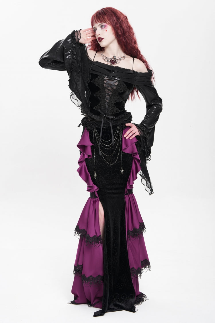 Purple Floral Print Lace-Up Rose Chain Women's Gothic Fishtail Skirt