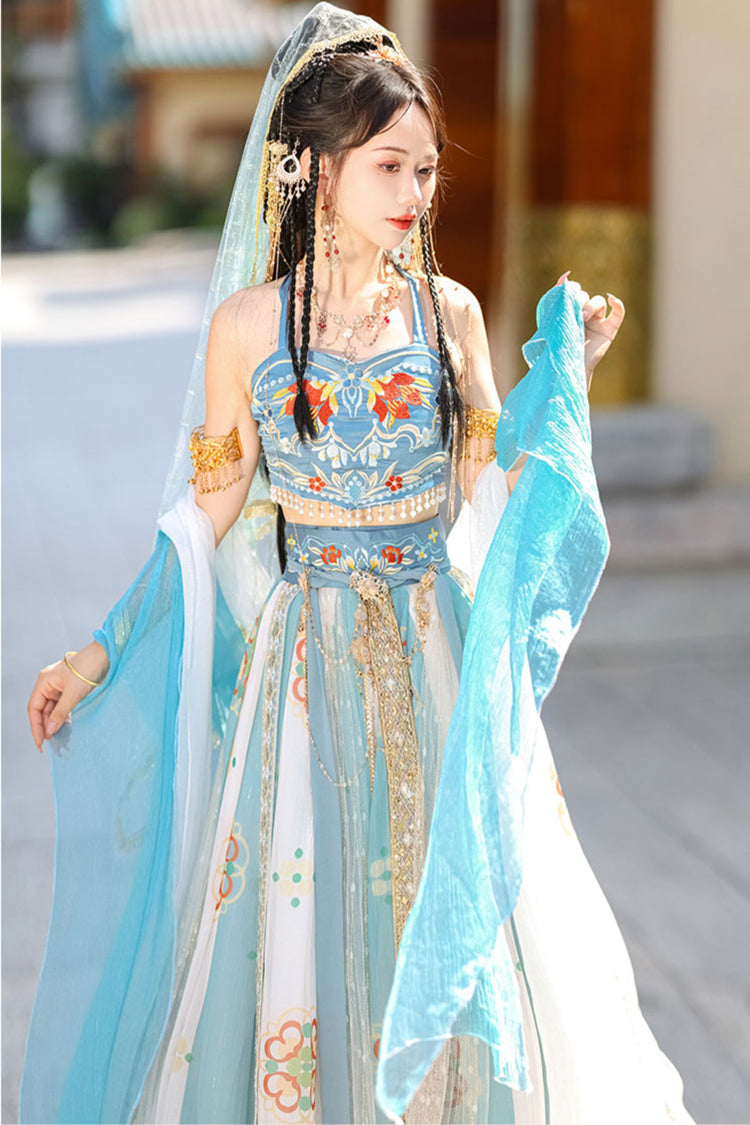 Blue Elegant Print Embroidery High Waisted Sleeveless Hanfu Dress Full Set