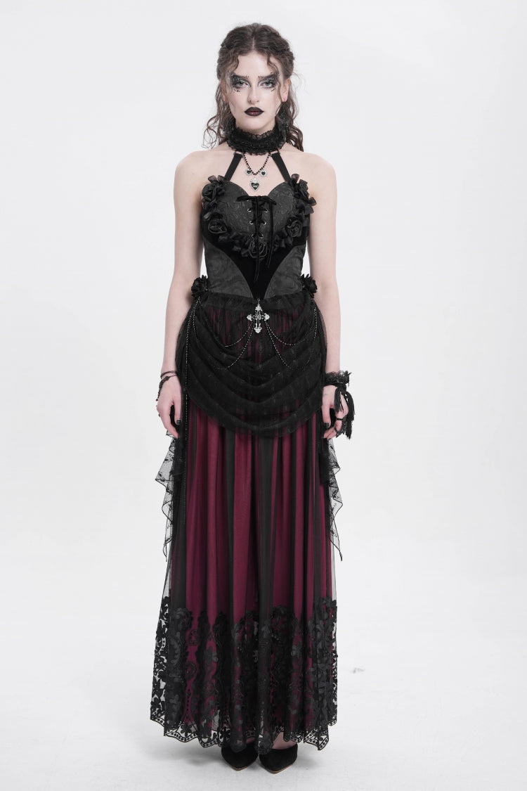 ブラックハルターネックノースリーブ刺繍ステッチローズハートレース女性用ゴシックブラウス 